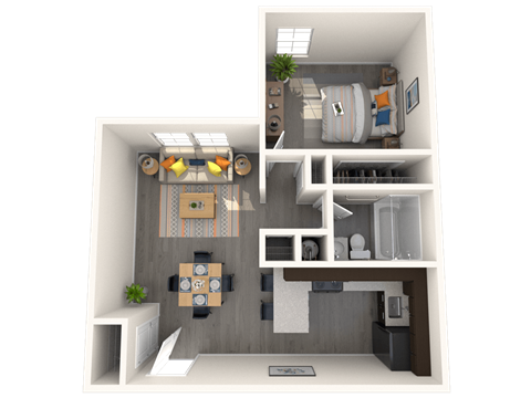 Floor plan for 1 bed, 1 bath, 557 sqft